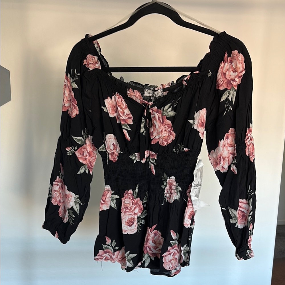 Crave Fame Black and Pink Smocked Tie Front Blouse